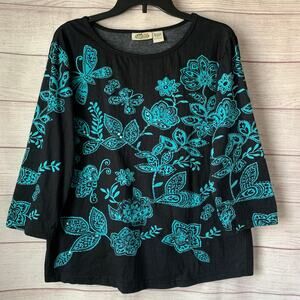 Collections Etc. Balack with Light Blue Floral and Butterfly Pattern Size L